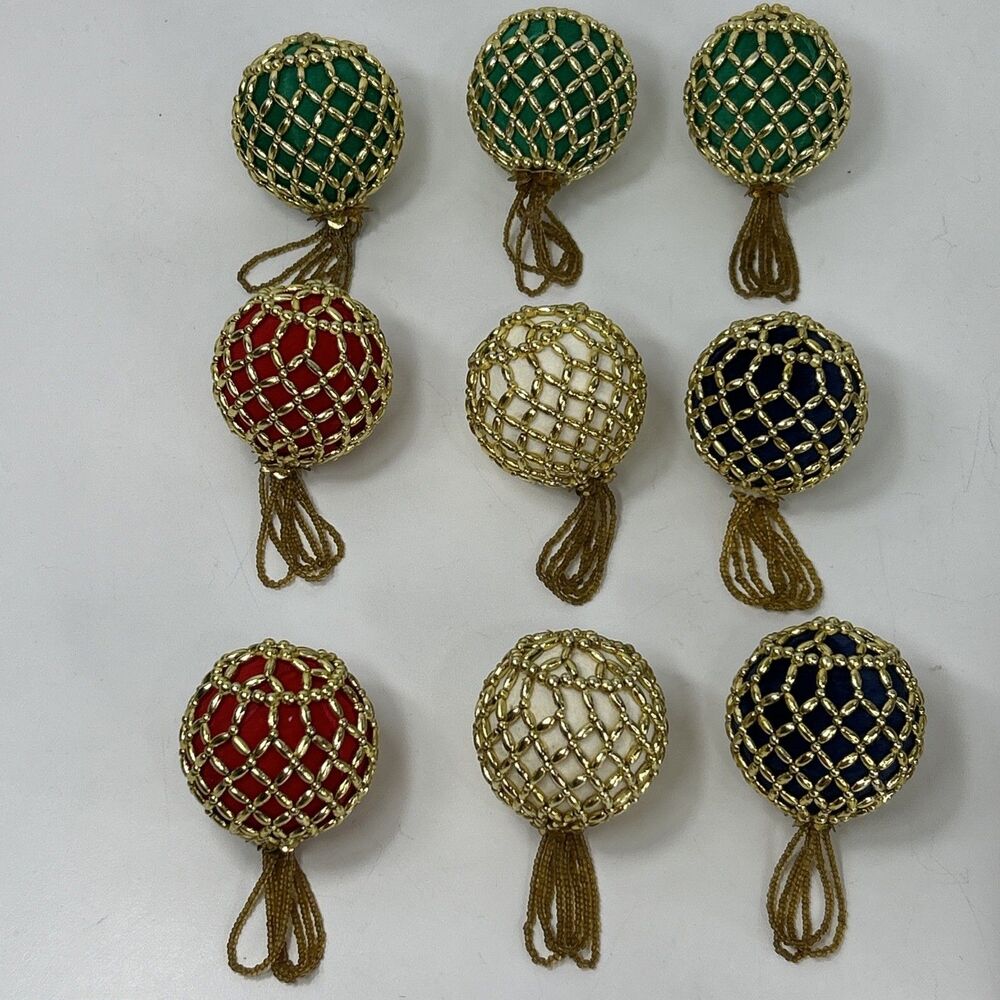 Christmas Ornament Balls Lot Gold Beaded Cage Tassel Seed Bead Multicolor Retro